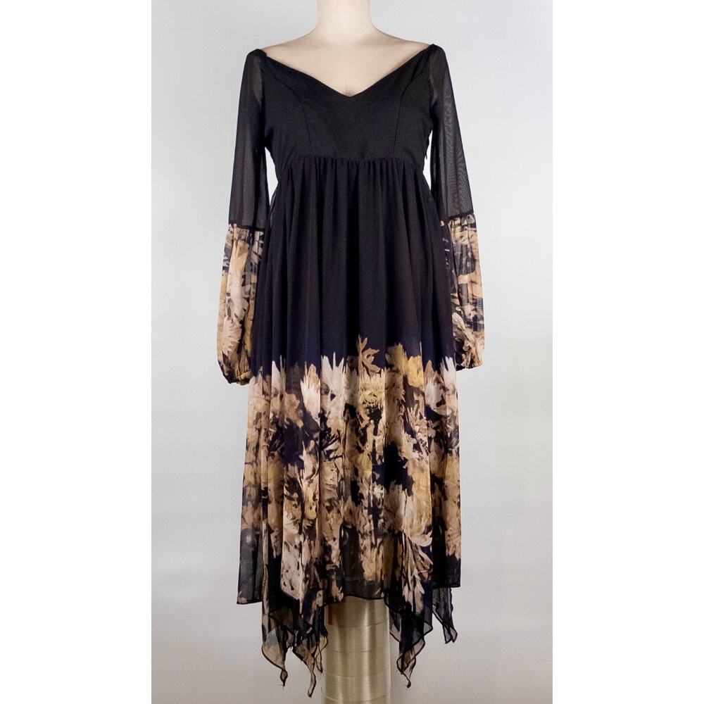 Black Gold Floral Dress Handkerchief Hem SMALL Boho Festival Whimsigoth Peasant